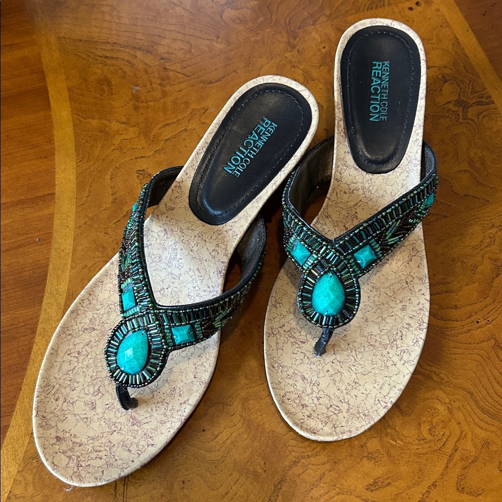 Kenneth Cole Reaction Black and Turquoise Beaded Sandals